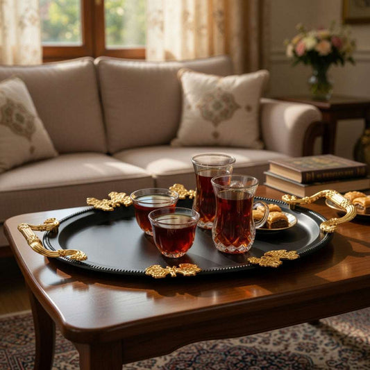Elegant Black & Gold Oval Decorative Serving Tray