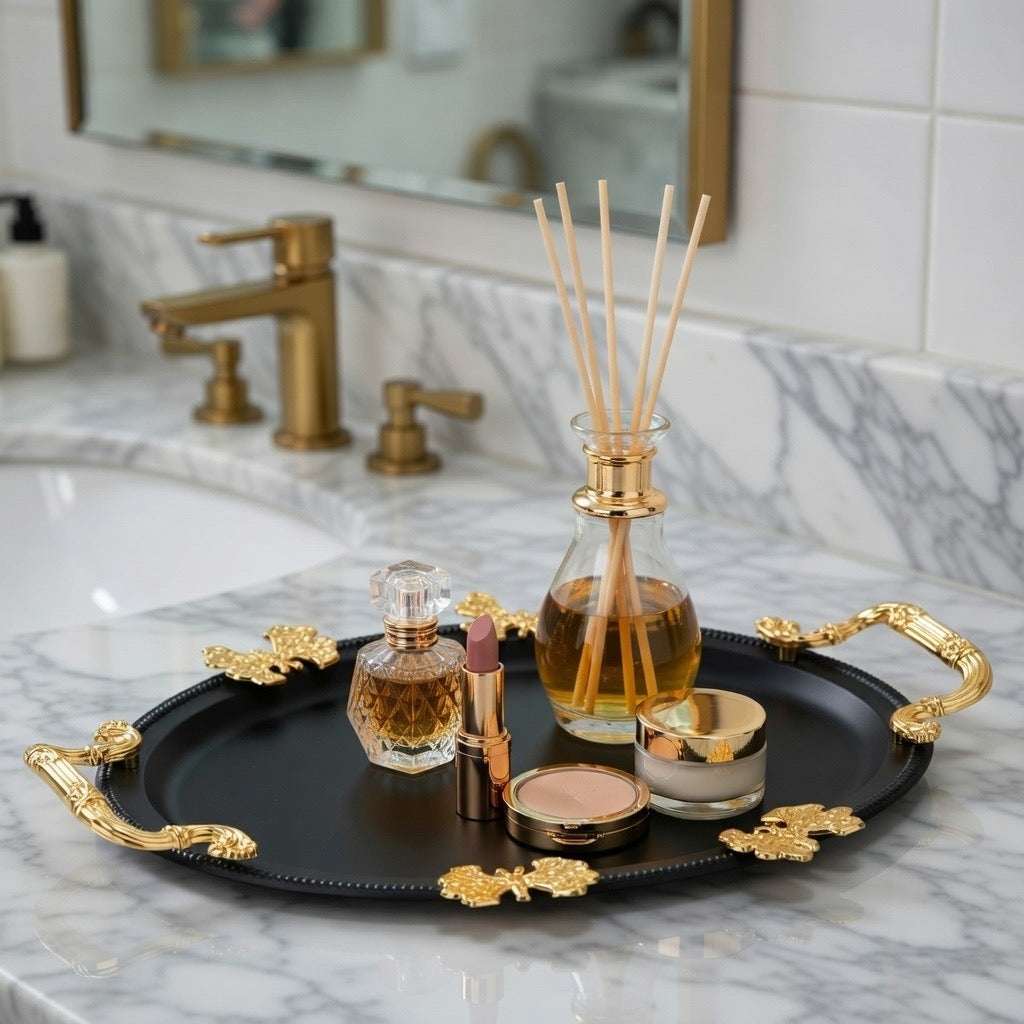 Elegant Black & Gold Oval Decorative Serving Tray
