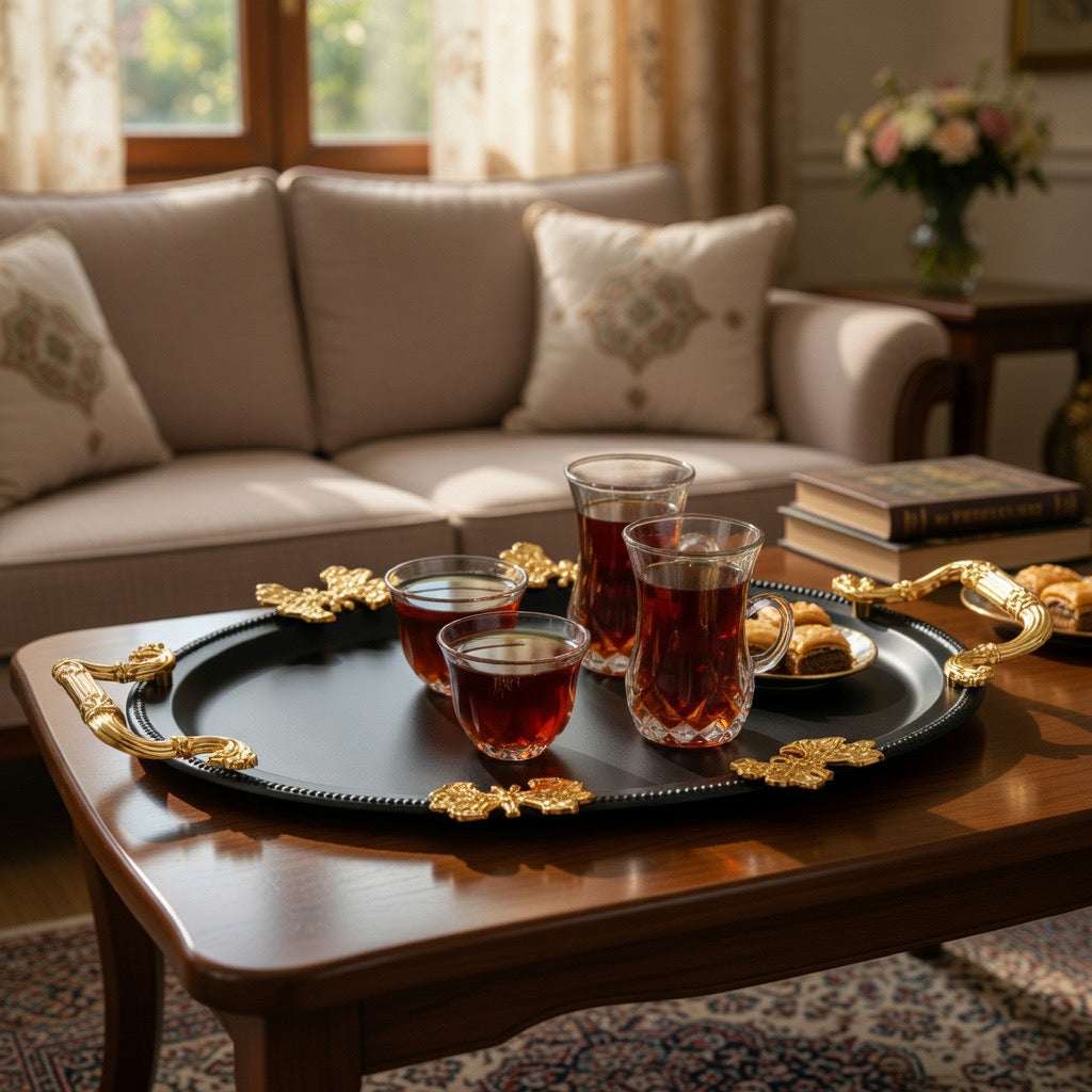 Elegant Black & Gold Oval Decorative Serving Tray