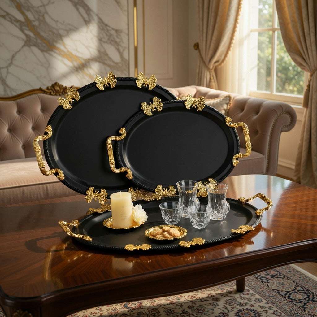 Elegant Black & Gold Oval Decorative Serving Tray