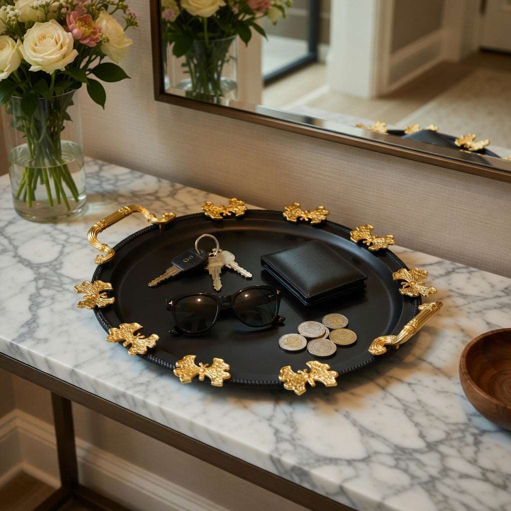 Elegant Black & Gold Oval Decorative Serving Tray
